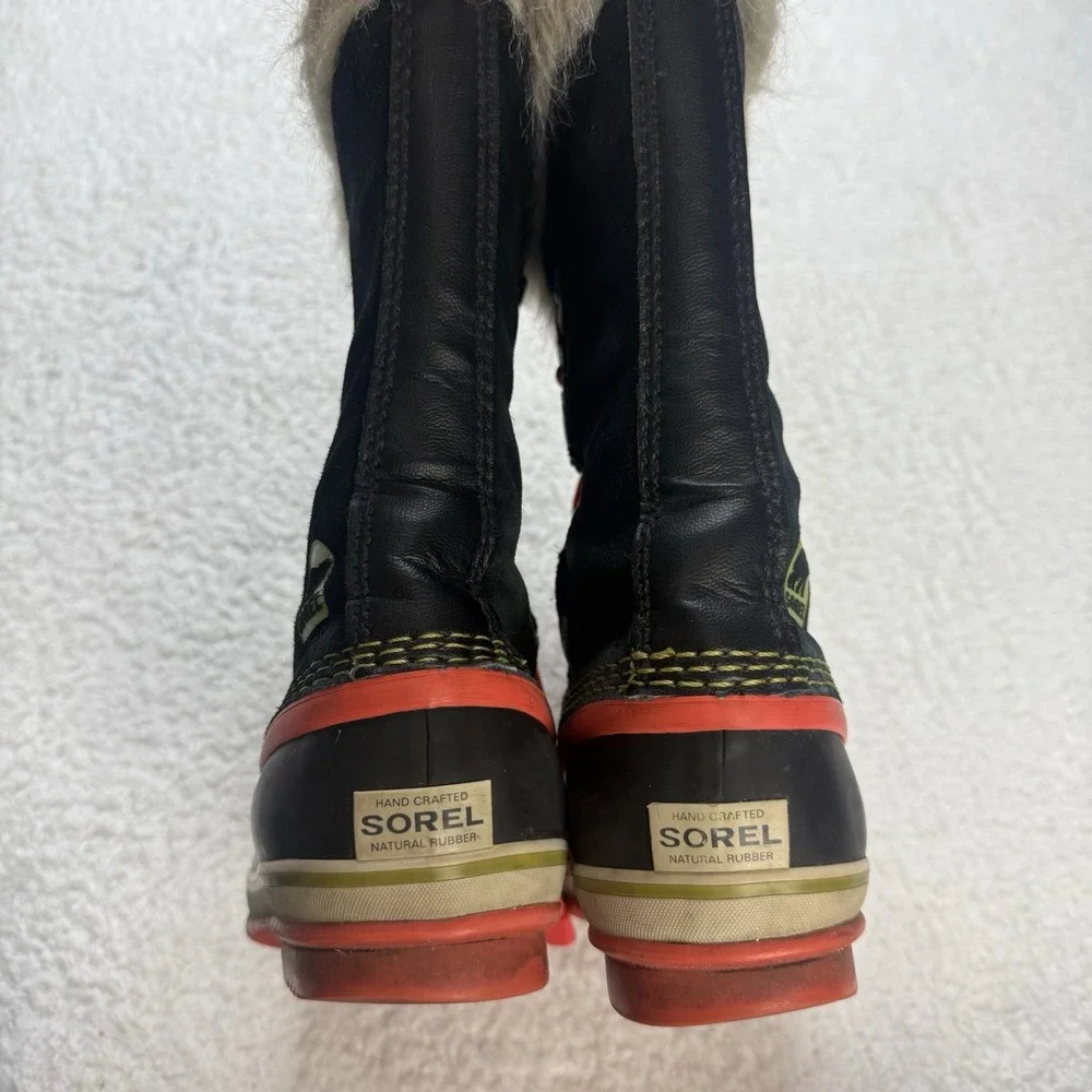 Sorel Joan of Artic Waterproof Boots Orange Black Faux Fur‎ size 5 Youth/ 7 WMN
